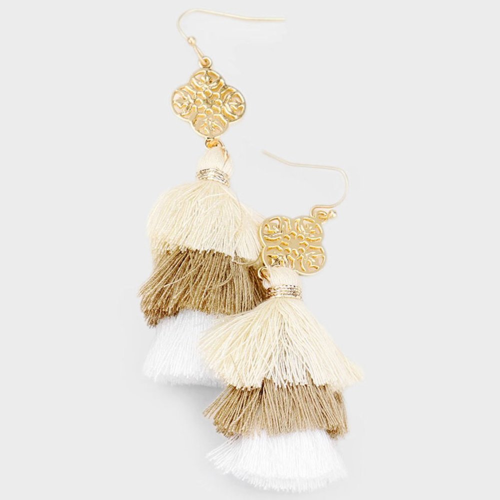 Boho Gold Ivory Fringe Tassel Drop Earrings